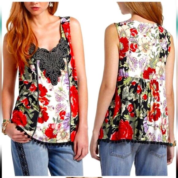 Anthropologie Meadow Rue Floral Sleeveless Tank Medium Red Pom Pom - Picture 6 of 6